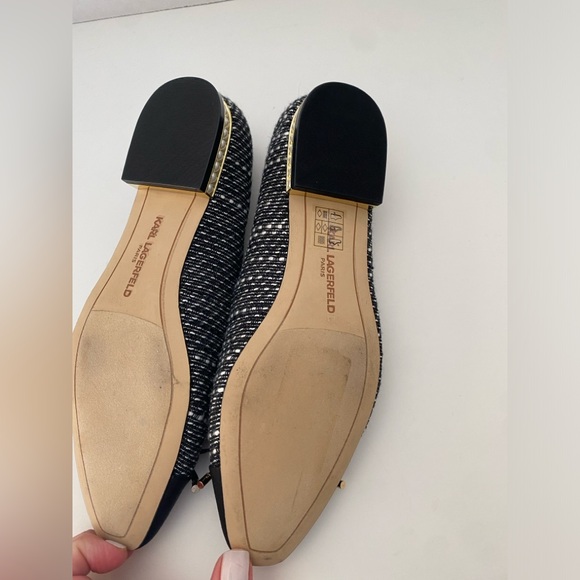 Karl Lagerfeld Nantes 2 Black & White Tweed Ballet Flats with Pearl Heel Size 6 - Picture 3 of 5